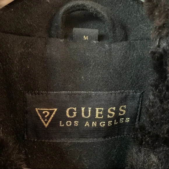 Black faux fur asymmetric moto jacket style wool winter coat overcoat - Picture 5 of 11